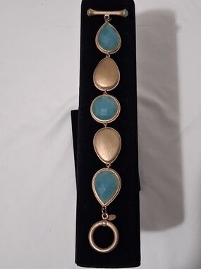 Rivka Friedman Teal/ Aqua Gold Clad Arrisan Toggle Pebble Link Bracelet